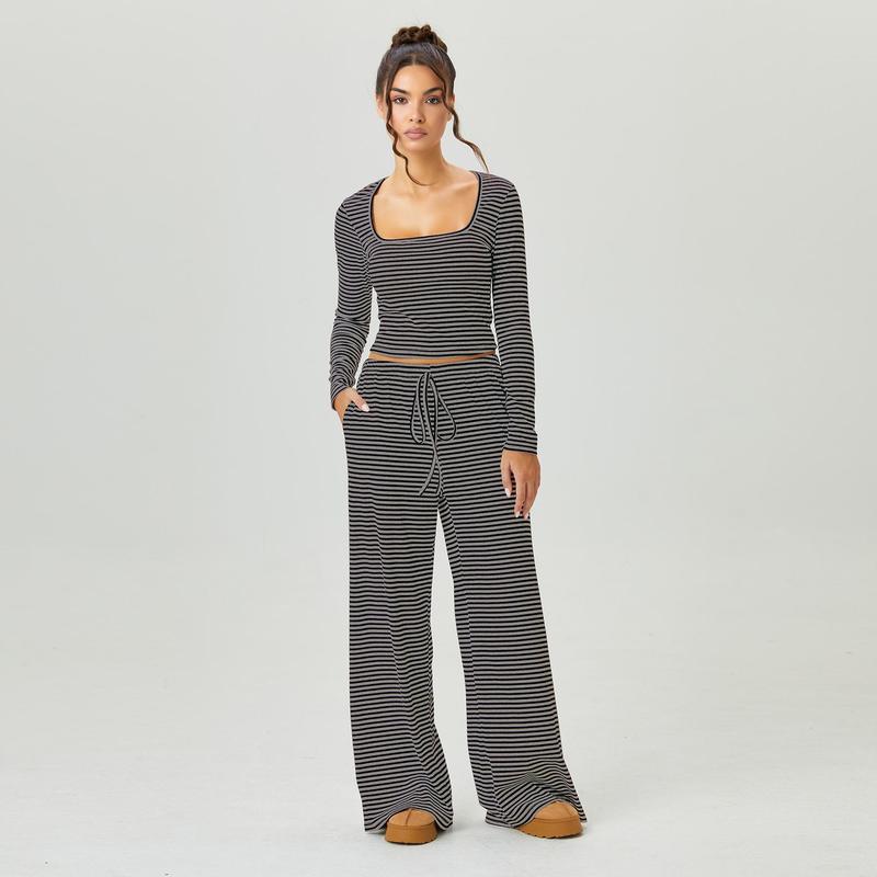 Katchme&Aerkyn Women'S Chic Square Neck Stripe Long Sleeve Crop Top & Low-Rise Wide Leg Trousers Co-Ord, Basic Two Piece Outfits for Lady, Cozy Womenswear(Cn)