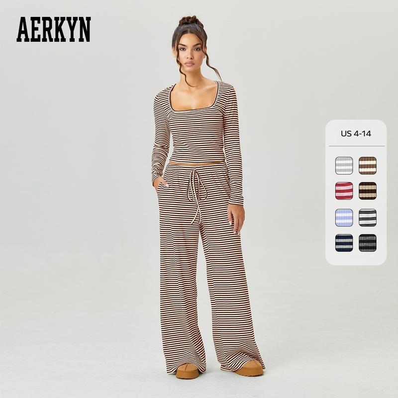 Katchme&Aerkyn Women'S Chic Square Neck Stripe Long Sleeve Crop Top & Low-Rise Wide Leg Trousers Co-Ord, Basic Two Piece Outfits for Lady, Cozy Womenswear(Cn)
