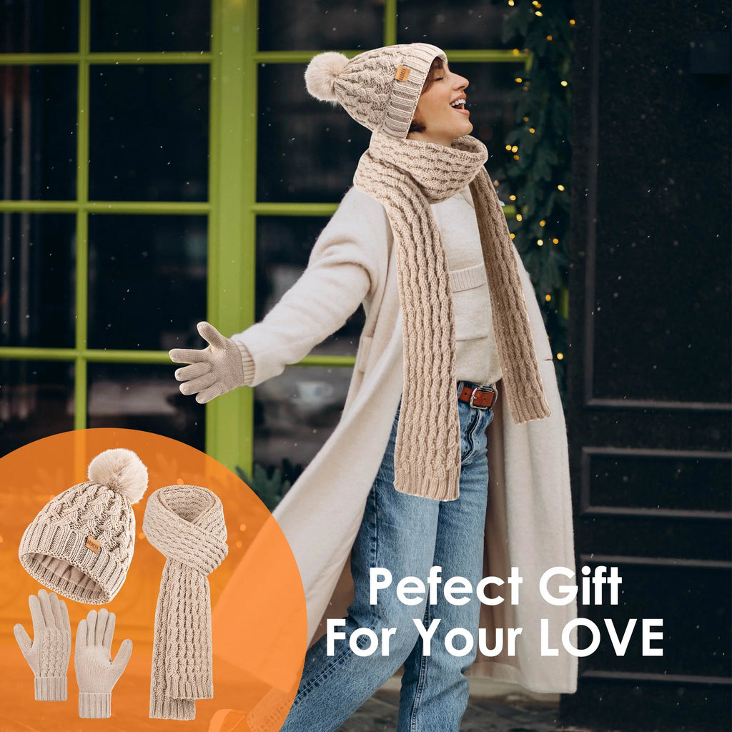 Aneco Womens Winter Warm Sets Knitted Fur Pompoms Beanie Hat Circle Loop Scarf Touch Screen Gloves Winter Favor Accessories