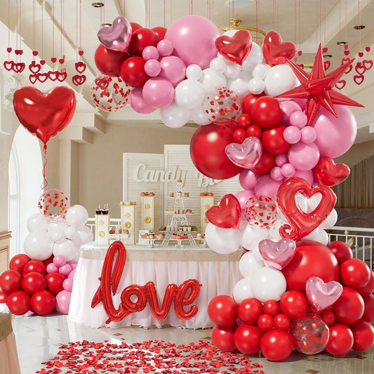 156Pcs Valentines Day Balloon Arch Garland Kit with Pink White Red Confetti Heart Balloons Love Foil Balloons Explosion Star Balloons Rose Petals for Anniversary Wedding Romantic Decorations