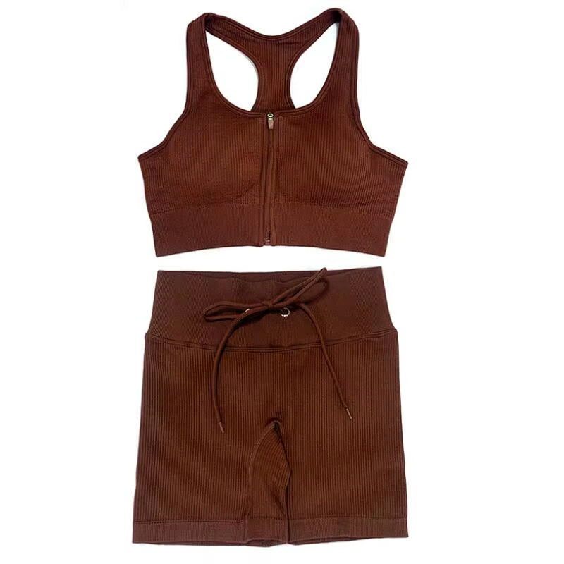 Brown Crop Top Bra Leggings Shorts Sportsuit Workout Outfit Fitness Gym ClotheSeamless Sport Set Women Yoga Set s