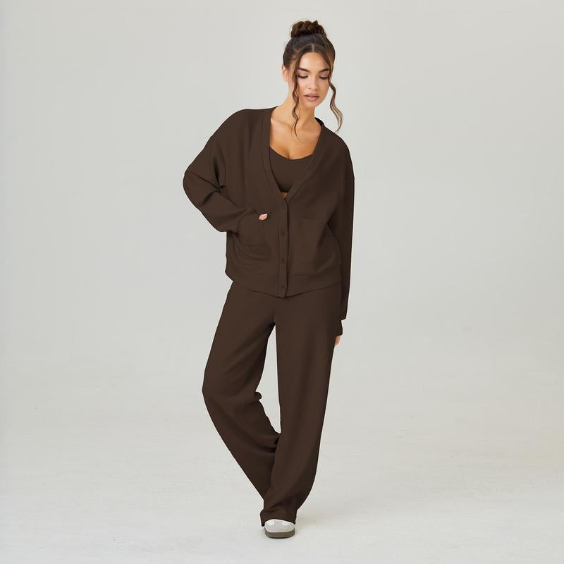 Katchme&Aerkyn Women'S Slouchy Solid Color V Neck Long Sleeve Button Cardigan & Drawstring Waist Trousers Co-Ord, Soft Two Piece Outfits for Fall & Winter(Cn)