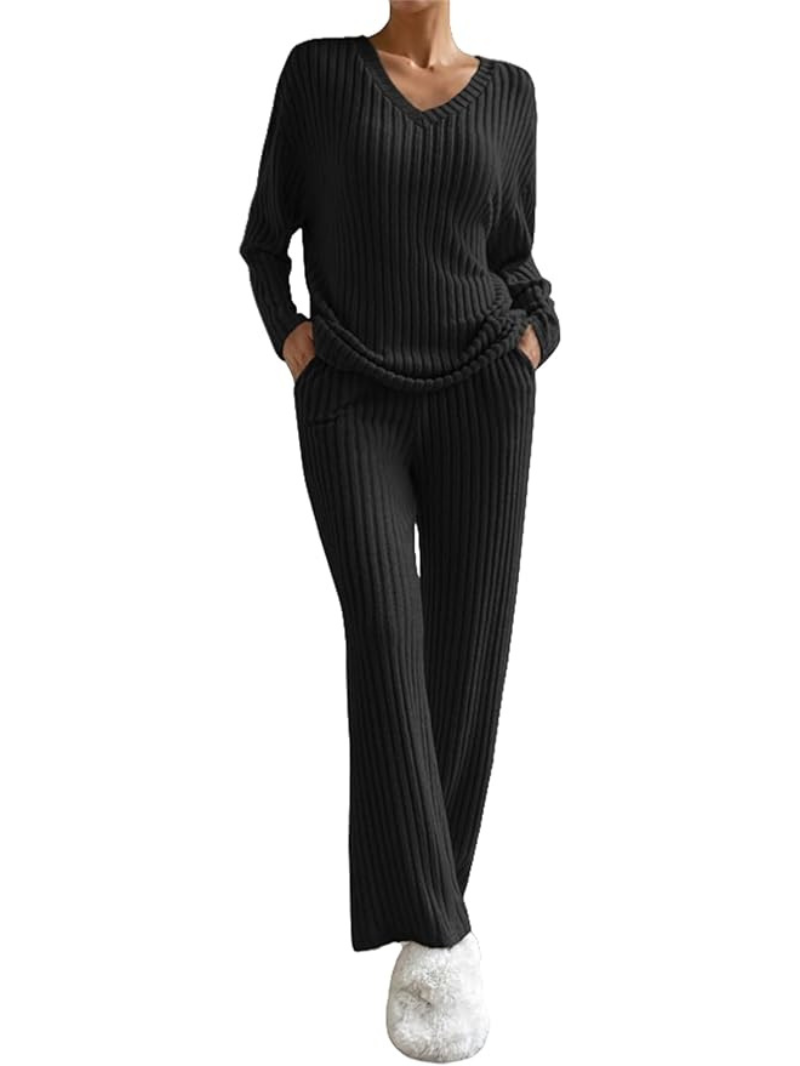 Women’s Ribbed Knit Lounge Set | Cozy 2-Piece V-Neck Sweater & Pants for Autumn & Winter