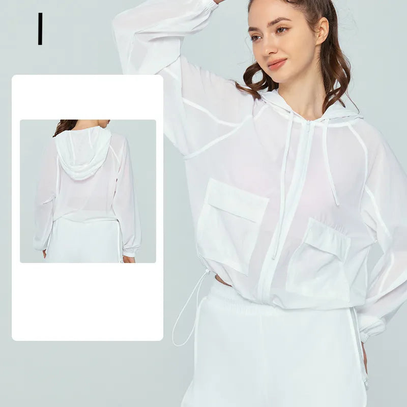 Loose-Fit Long Sleeve Athletic Jacket with Zipper & Drawstring for Women