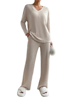 Women’s Ribbed Knit Lounge Set | Cozy 2-Piece V-Neck Sweater & Pants for Autumn & Winter