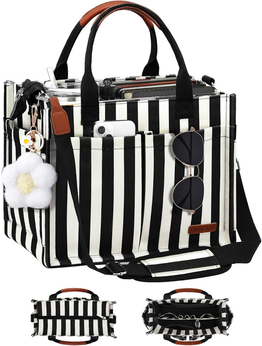 Womens Canvas Tote Bag Purse with Individual Compartment, Zipper Top, Reinforced Bottom & Luggage Sleeve