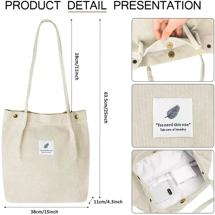 Corduroy Tote Bag for Women – Large Shoulder Bag with Inner Pockets