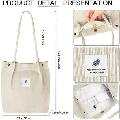 Corduroy Tote Bag for Women – Large Shoulder Bag with Inner Pockets