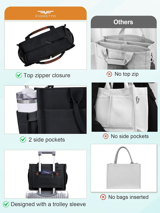 Womens Canvas Tote Bag Purse with Individual Compartment, Zipper Top, Reinforced Bottom & Luggage Sleeve