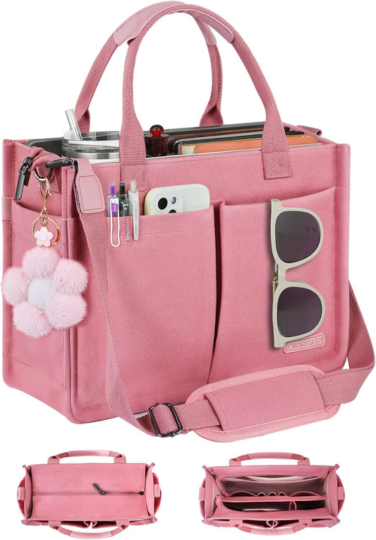 Womens Canvas Tote Bag Purse with Individual Compartment, Zipper Top, Reinforced Bottom & Luggage Sleeve