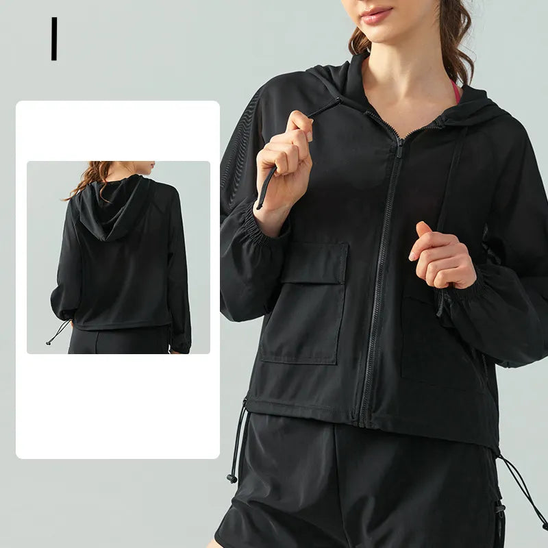 Loose-Fit Long Sleeve Athletic Jacket with Zipper & Drawstring for Women