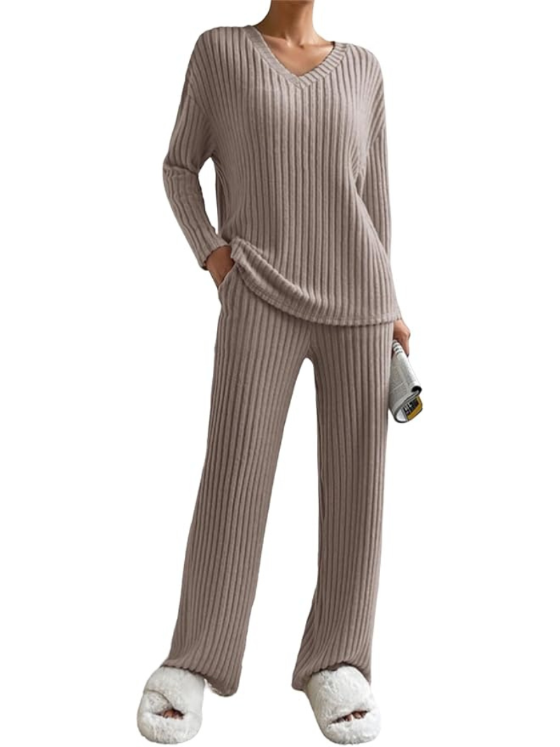Women’s Ribbed Knit Lounge Set | Cozy 2-Piece V-Neck Sweater & Pants for Autumn & Winter
