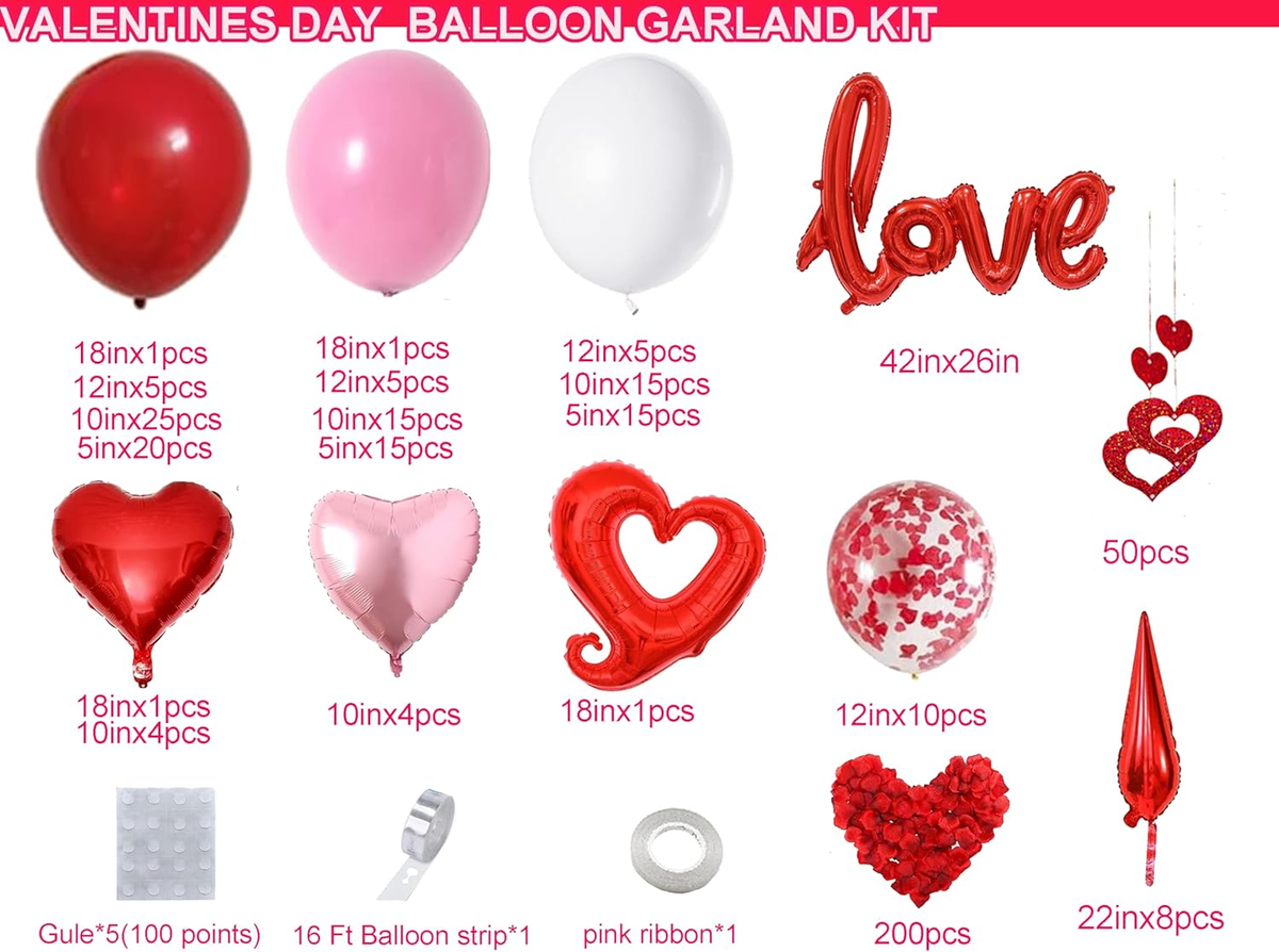 156Pcs Valentines Day Balloon Arch Garland Kit with Pink White Red Confetti Heart Balloons Love Foil Balloons Explosion Star Balloons Rose Petals for Anniversary Wedding Romantic Decorations
