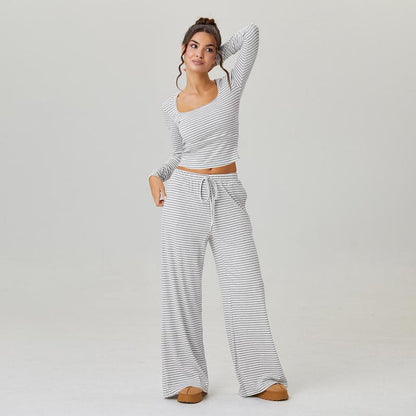 Katchme&Aerkyn Women'S Chic Square Neck Stripe Long Sleeve Crop Top & Low-Rise Wide Leg Trousers Co-Ord, Basic Two Piece Outfits for Lady, Cozy Womenswear(Cn)