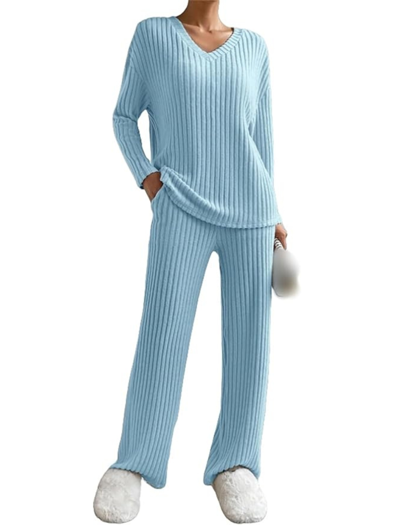 Women’s Ribbed Knit Lounge Set | Cozy 2-Piece V-Neck Sweater & Pants for Autumn & Winter