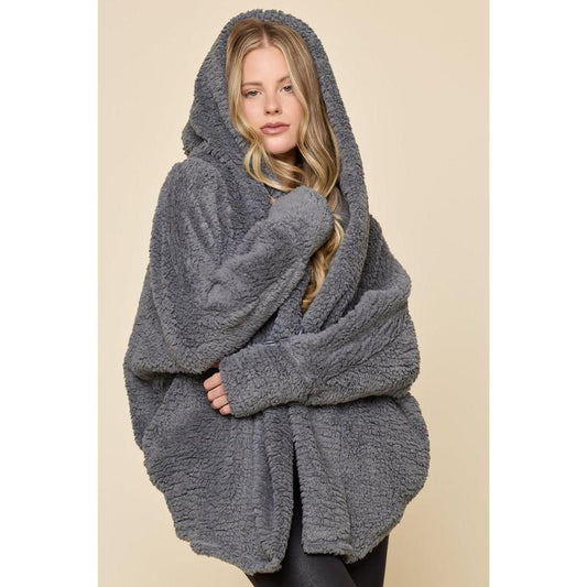 Faux Sherpa Cocoon Coat - Cool Grey