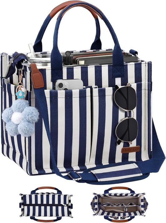 Womens Canvas Tote Bag Purse with Individual Compartment, Zipper Top, Reinforced Bottom & Luggage Sleeve