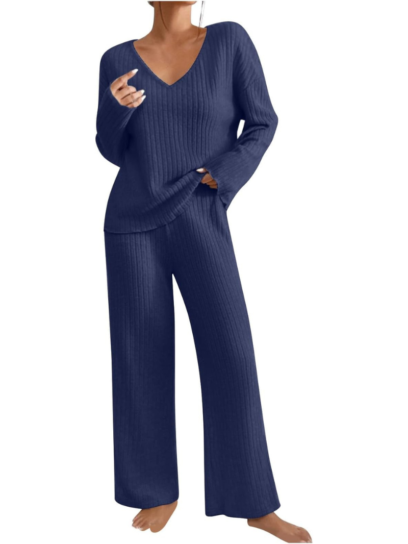 Women’s Ribbed Knit Lounge Set | Cozy 2-Piece V-Neck Sweater & Pants for Autumn & Winter