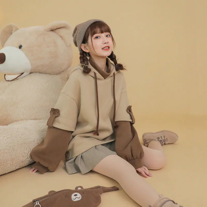 Korean Style Fleece Sweatshirt Set | Thick Warm Hoodie Outfit for Autumn & Winter