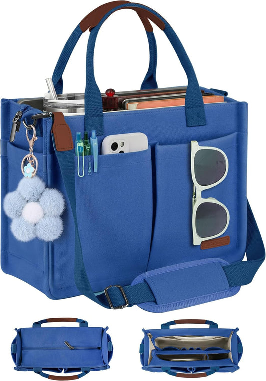 Womens Canvas Tote Bag Purse with Individual Compartment, Zipper Top, Reinforced Bottom & Luggage Sleeve