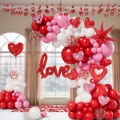 156Pcs Valentines Day Balloon Arch Garland Kit with Pink White Red Confetti Heart Balloons Love Foil Balloons Explosion Star Balloons Rose Petals for Anniversary Wedding Romantic Decorations