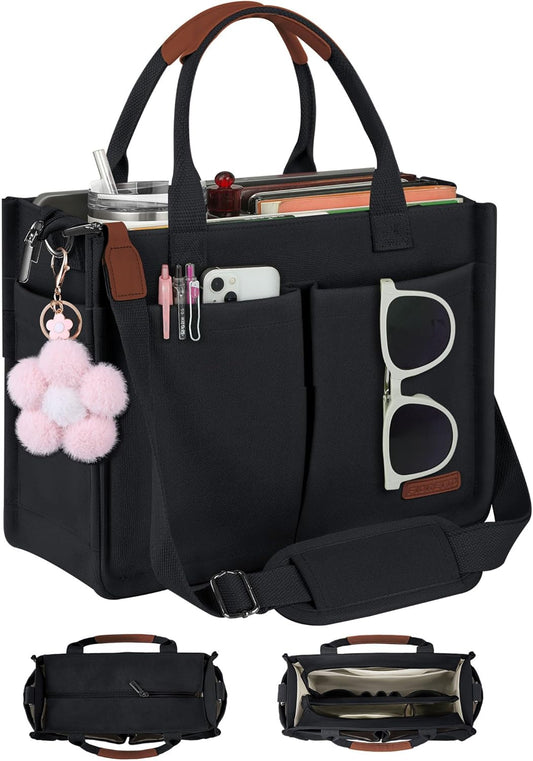 Womens Canvas Tote Bag Purse with Individual Compartment, Zipper Top, Reinforced Bottom & Luggage Sleeve