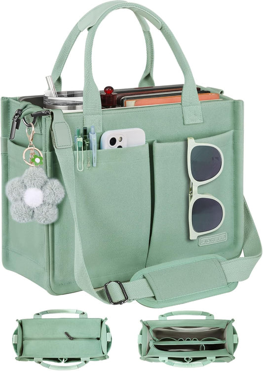 Womens Canvas Tote Bag Purse with Individual Compartment, Zipper Top, Reinforced Bottom & Luggage Sleeve