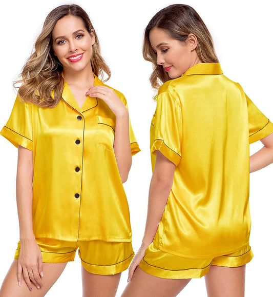 Womens Silk Satin Pajamas Short Sleeve Loungewear Two-Piece Sleepwear Button-Down Pj Set