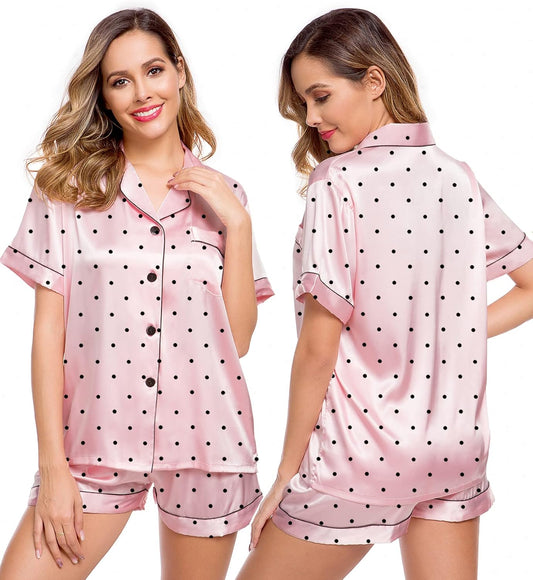 Womens Silk Satin Pajamas Short Sleeve Loungewear Two-Piece Sleepwear Button-Down Pj Set