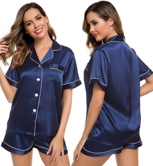 Womens Silk Satin Pajamas Short Sleeve Loungewear Two-Piece Sleepwear Button-Down Pj Set