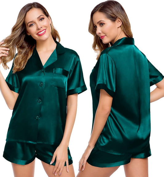 Womens Silk Satin Pajamas Short Sleeve Loungewear Two-Piece Sleepwear Button-Down Pj Set