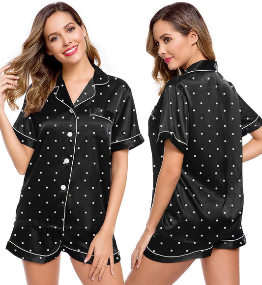 Womens Silk Satin Pajamas Short Sleeve Loungewear Two-Piece Sleepwear Button-Down Pj Set