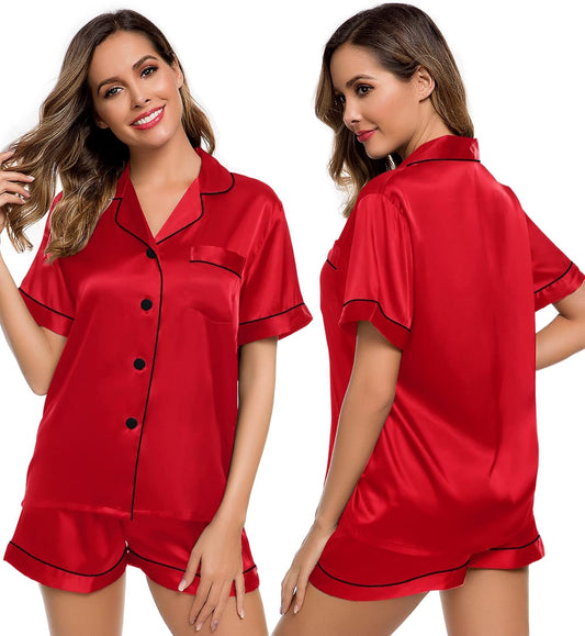 Womens Silk Satin Pajamas Short Sleeve Loungewear Two-Piece Sleepwear Button-Down Pj Set