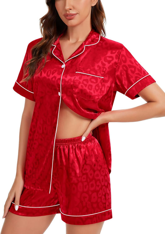 Womens Silk Satin Pajamas Short Sleeve Loungewear Two-Piece Sleepwear Button-Down Pj Set