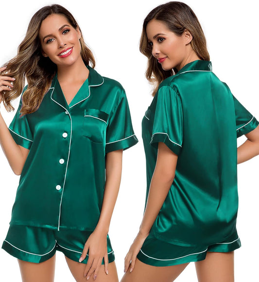 Womens Silk Satin Pajamas Short Sleeve Loungewear Two-Piece Sleepwear Button-Down Pj Set