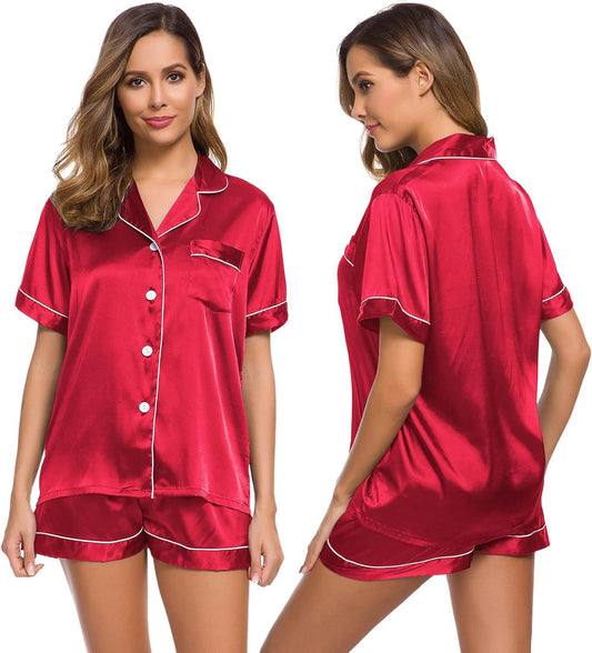 Womens Silk Satin Pajamas Short Sleeve Loungewear Two-Piece Sleepwear Button-Down Pj Set