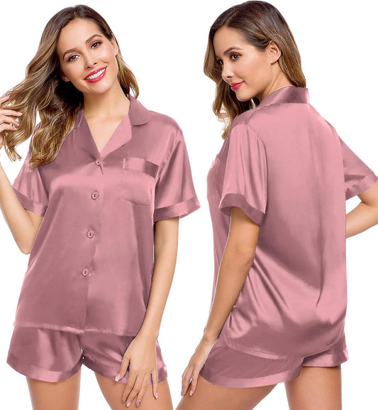 Womens Silk Satin Pajamas Short Sleeve Loungewear Two-Piece Sleepwear Button-Down Pj Set