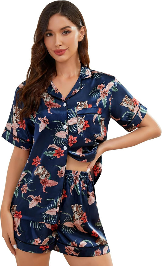 Womens Silk Satin Pajamas Short Sleeve Loungewear Two-Piece Sleepwear Button-Down Pj Set