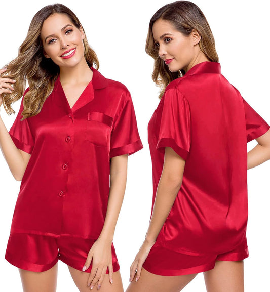 Womens Silk Satin Pajamas Short Sleeve Loungewear Two-Piece Sleepwear Button-Down Pj Set
