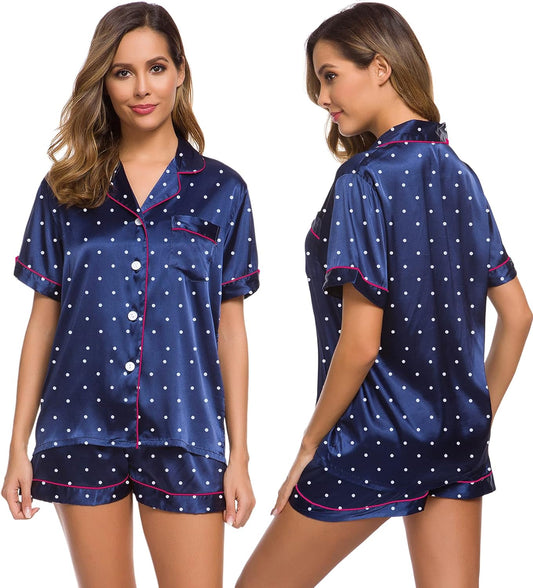 Womens Silk Satin Pajamas Short Sleeve Loungewear Two-Piece Sleepwear Button-Down Pj Set