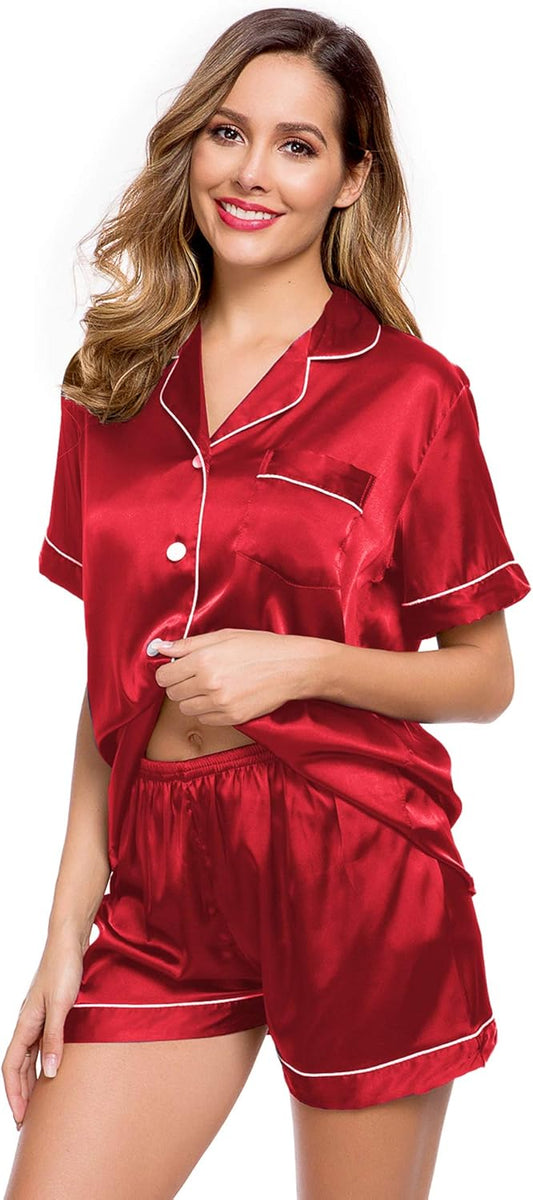 Womens Silk Satin Pajamas Short Sleeve Loungewear Two-Piece Sleepwear Button-Down Pj Set