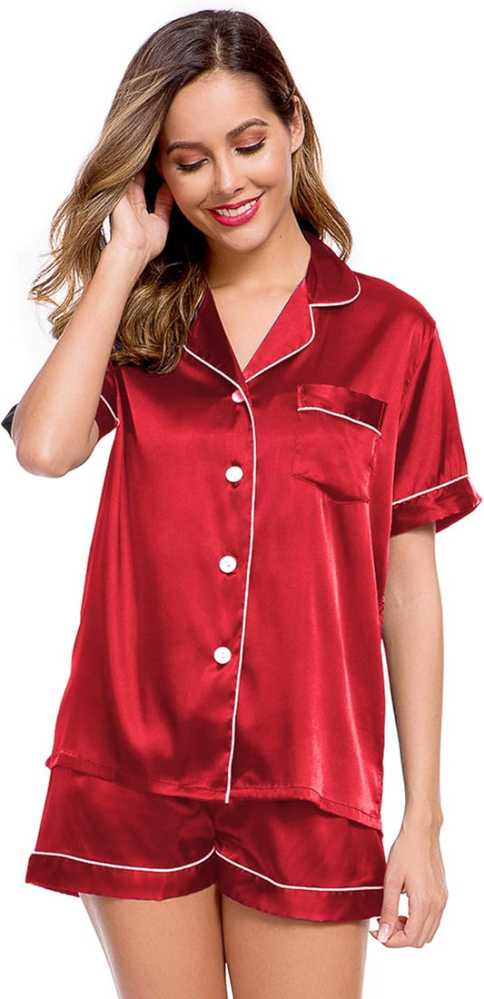 Womens Silk Satin Pajamas Short Sleeve Loungewear Two-Piece Sleepwear Button-Down Pj Set