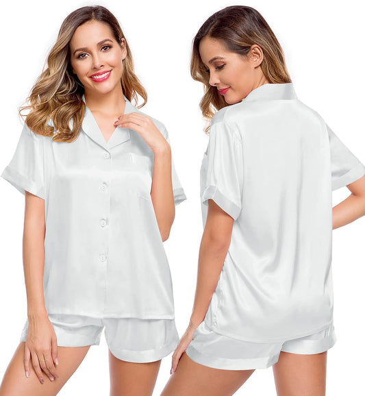 Womens Silk Satin Pajamas Short Sleeve Loungewear Two-Piece Sleepwear Button-Down Pj Set