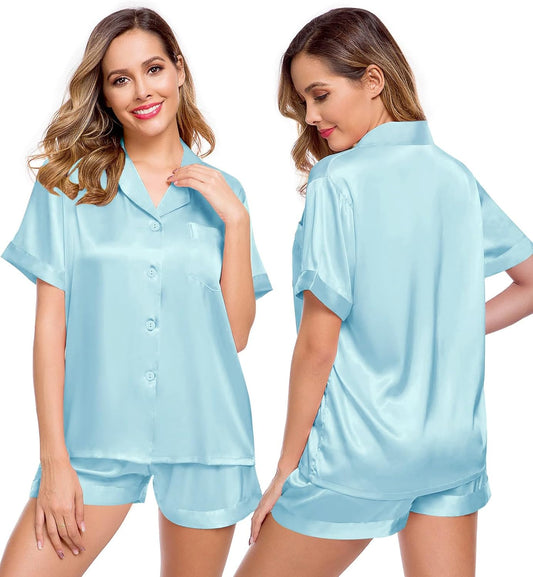 Womens Silk Satin Pajamas Short Sleeve Loungewear Two-Piece Sleepwear Button-Down Pj Set