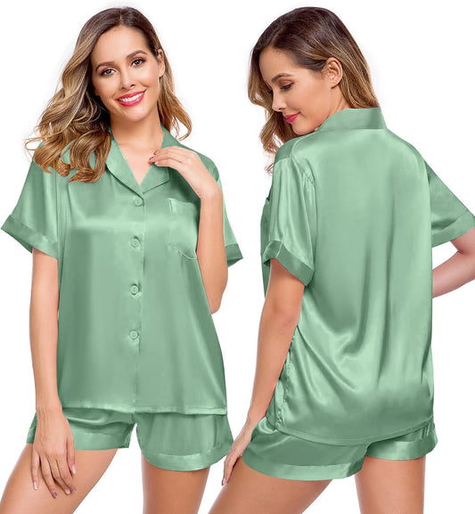 Womens Silk Satin Pajamas Short Sleeve Loungewear Two-Piece Sleepwear Button-Down Pj Set