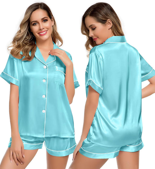 Womens Silk Satin Pajamas Short Sleeve Loungewear Two-Piece Sleepwear Button-Down Pj Set