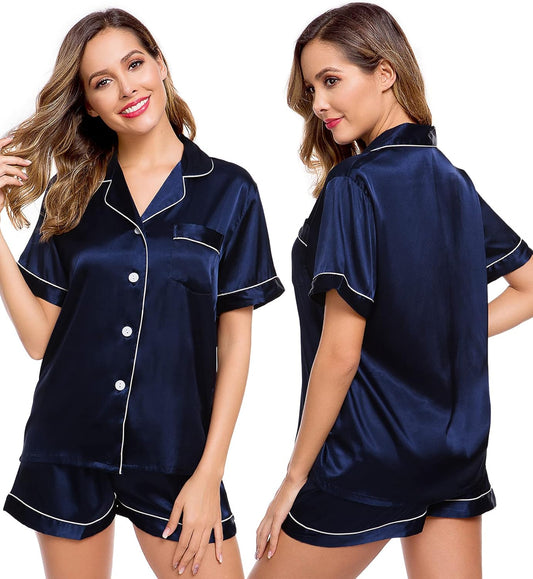 Womens Silk Satin Pajamas Short Sleeve Loungewear Two-Piece Sleepwear Button-Down Pj Set