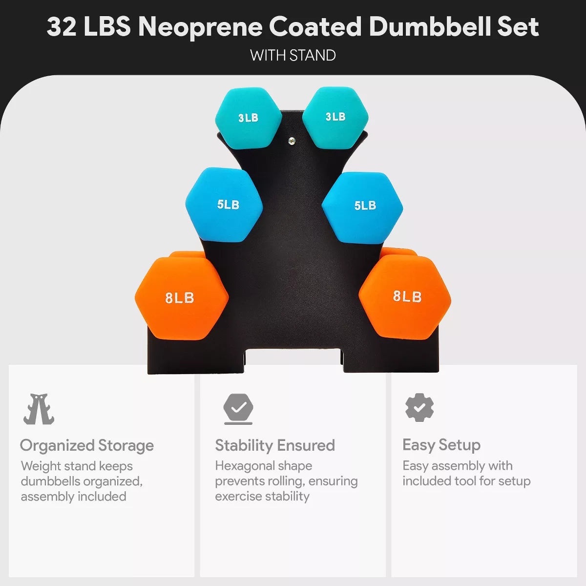 Balancefrom Fitness 3 Pair Neoprene Coated Hexagon Shaped Dumbbell Set with 3, 5, and 8 Pound Hand Weights, Weight Stand, and Assembly Tool