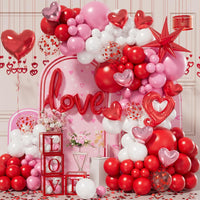 156Pcs Valentines Day Balloon Arch Garland Kit with Pink White Red Confetti Heart Balloons Love Foil Balloons Explosion Star Balloons Rose Petals for Anniversary Wedding Romantic Decorations