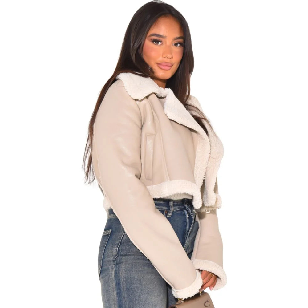 Winter Women’s PU Leather Jacket – Short Coat with Faux Fur Collar
